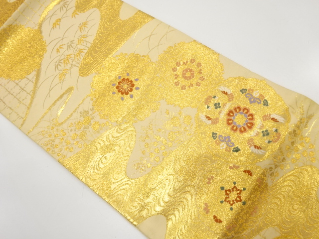 JAPANESE KIMONO / ANTIQUE FUKURO OBI / SILK / WOVEN FLORAL CREST & FLOWER